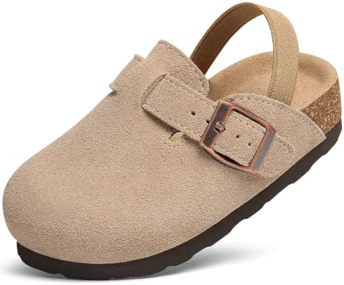 Kids Genuine Suede Clogs, Comfortable Cork Footbed Slip On Mules in Apricot With Back Strap