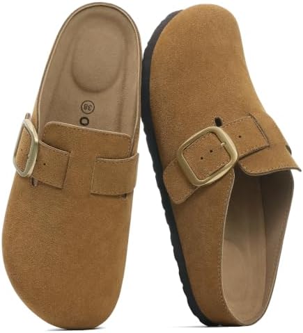 Women's Genuine Suede Clogs Memory Foam Cork Footbed Leather Potato Shoes in Chestnut