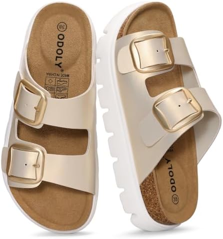 Women's Platform Sandals with Arch Support, Adjustable Buckle Slides