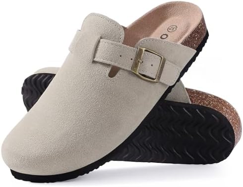 Women's Suede Clogs Soft Cork Footbed Leather Mules Comfort Potato Shoes in Light Grey